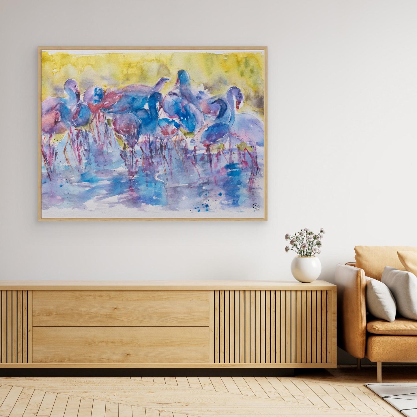 caninequirks_curiousbalance_watercolor_canvas_oakframe
