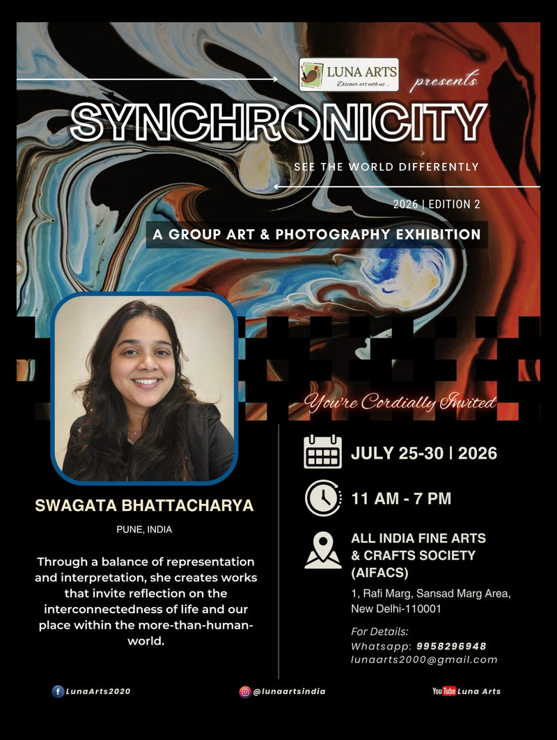 Promotional flyer for the Luna Arts 'Synchronicity' group art and photography exhibition, featuring abstract marbled artwork, event details, and a portrait of Swagata Bhattacharya.
